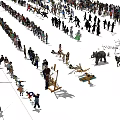 Large Group of People Engaged in Activities With Elephants Horses In Open Area