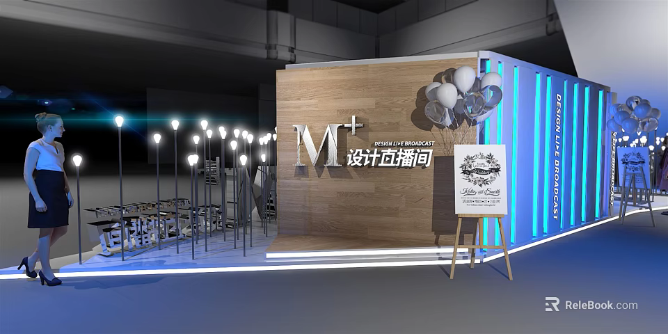 Modern Public Office Space with Wooden Accent Wall Blue Lighting Balloon Decorations and Display Sign 3d model 