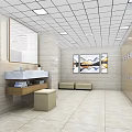 Public Restroom With Tiled Walls Shower Heads Shelves And Water Heater