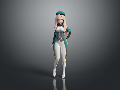 Game Character Design With Blonde Hair Green Beret And Green White Slim Fit Outfit 3d model