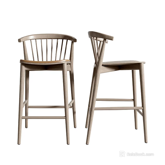 Modern Wooden Bar Stools With Vertical Backrest Design And Two Pieces 3d model 