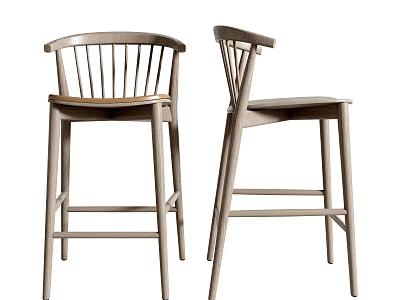 Modern Wooden Bar Stools With Vertical Backrest Design And Two Pieces 3d model