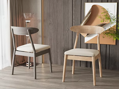 Gray And Natural Wooden Dining Chairs With Upholstered Seats And Modern Back Design 3d model