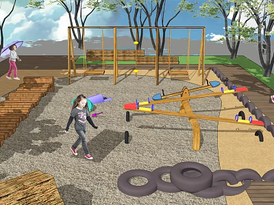 Outdoor Children's Play Area With Swings Seesaw Tire Rings And Wooden Walkway 3d model