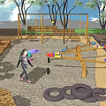 Outdoor Children's Play Area With Swings Seesaw Tire Rings And Wooden Walkway