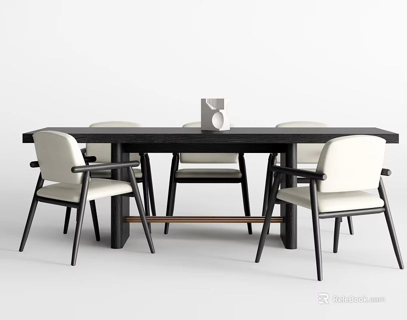 Modern Dining Table And Chairs Set With Black Frame And Light Upholstered Seats Design 3d model 