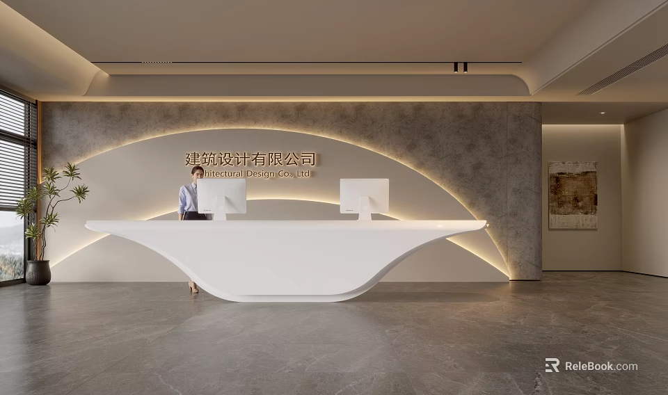 Front Desk Reception With Modern Design White Curved Desk Gray Wall Lighting And Green Plant 3d model 