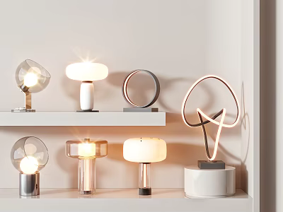 Stylish Modern Table Lamps With Unique Shapes And Illuminated Designs On Shelves For Home Decor 3d model