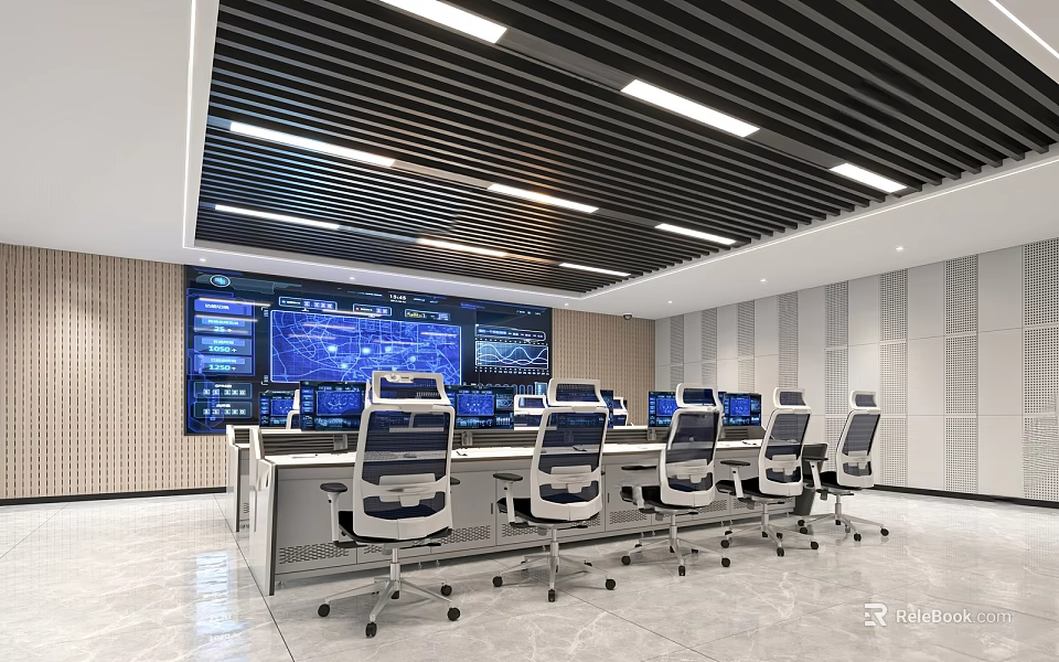 Modern Professional Control Room With Multiple Computer Screens Control Consoles And Ergonomic Chairs 3d model 