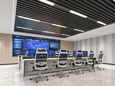 Modern Professional Control Room With Multiple Computer Screens Control Consoles And Ergonomic Chairs 3d model