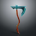 Fantasy Battle Axe With Spiked Blue Blade And Orange Curved Handle