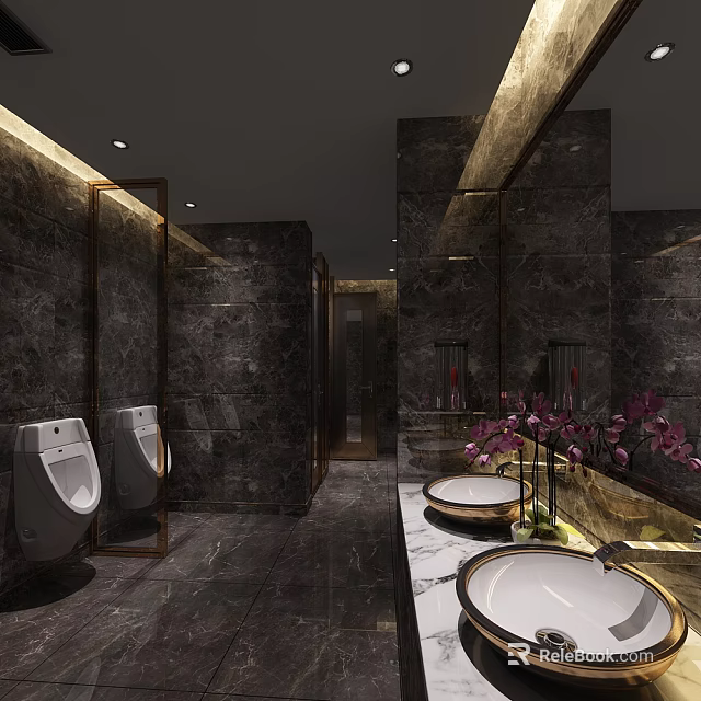 Modern Public Toilet Interior With Marble Walls Washbasins And Decorative Flowers 3d model 