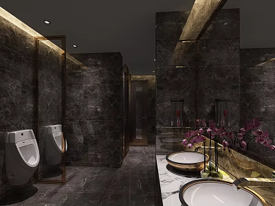 Modern Public Toilet Interior With Marble Walls Washbasins And Decorative Flowers 3d model