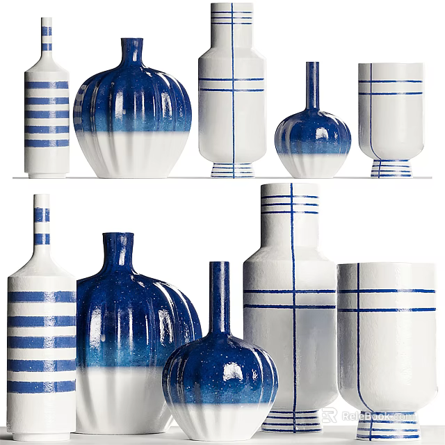 Ceramic Flower Vases In Blue And White Striped Patterns With Various Sizes And Shapes 3d model 