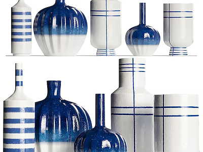 Ceramic Flower Vases In Blue And White Striped Patterns With Various Sizes And Shapes 3d model