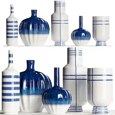 Ceramic Flower Vases In Blue And White Striped Patterns With Various Sizes And Shapes 3d model