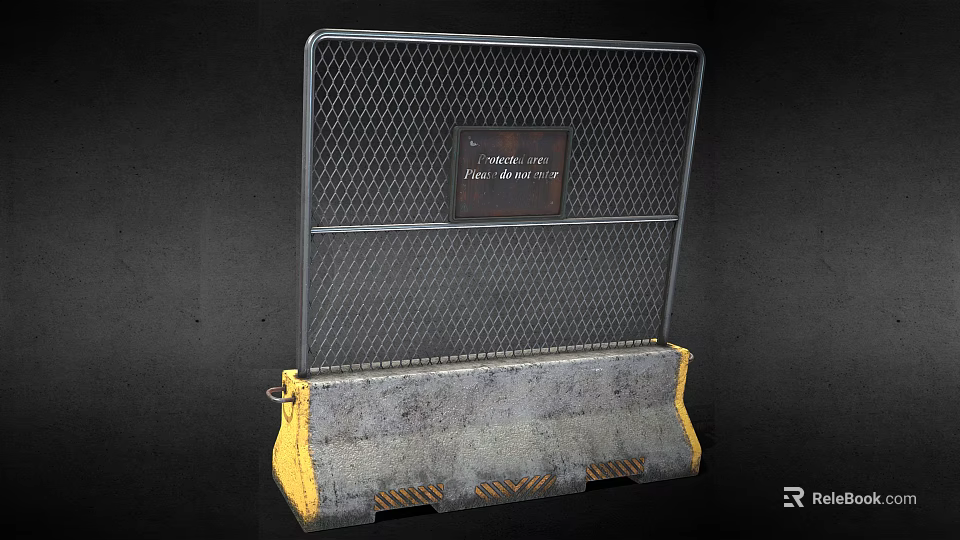 Heavy Duty Metal Mesh Barrier With Concrete Base Yellow Edges And Warning Sign 3d model 
