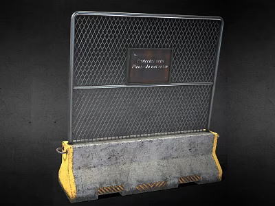 Heavy Duty Metal Mesh Barrier With Concrete Base Yellow Edges And Warning Sign 3d model