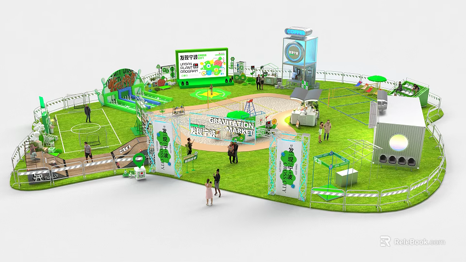 Vibrant Commercial Street With Green Lawn Innovation Displays Event Tents And People Activities 3d model 