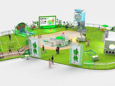 Vibrant Commercial Street With Green Lawn Innovation Displays Event Tents And People Activities 3d model