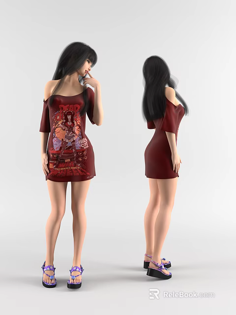 Woman In Red Off Shoulder Dress With Printed Design Standing Pose 3d model 