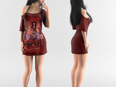 Woman In Red Off Shoulder Dress With Printed Design Standing Pose 3d model
