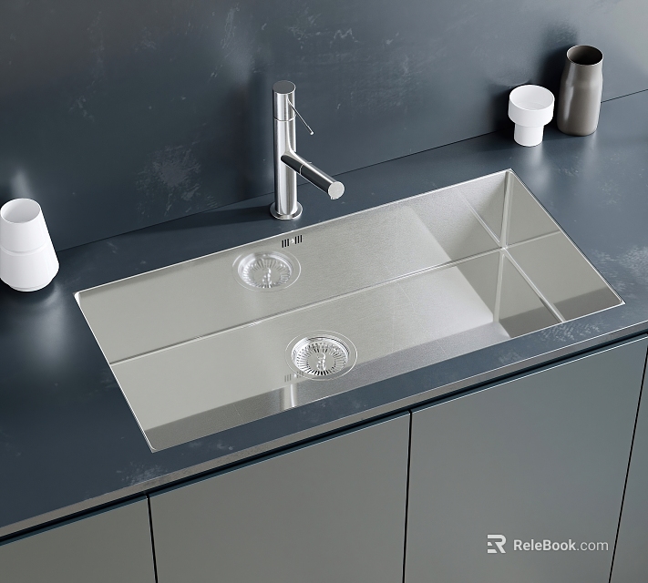 Stainless Steel Double Bowl Kitchen Sink With Faucet On Gray Countertop 3d model 