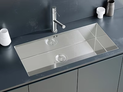Stainless Steel Double Bowl Kitchen Sink With Faucet On Gray Countertop 3d model