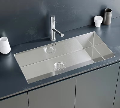 Stainless Steel Double Bowl Kitchen Sink With Faucet On Gray Countertop 3d model
