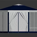 Hexagonal Outdoor Tent With Blue Roof White Finial And White Side Curtains