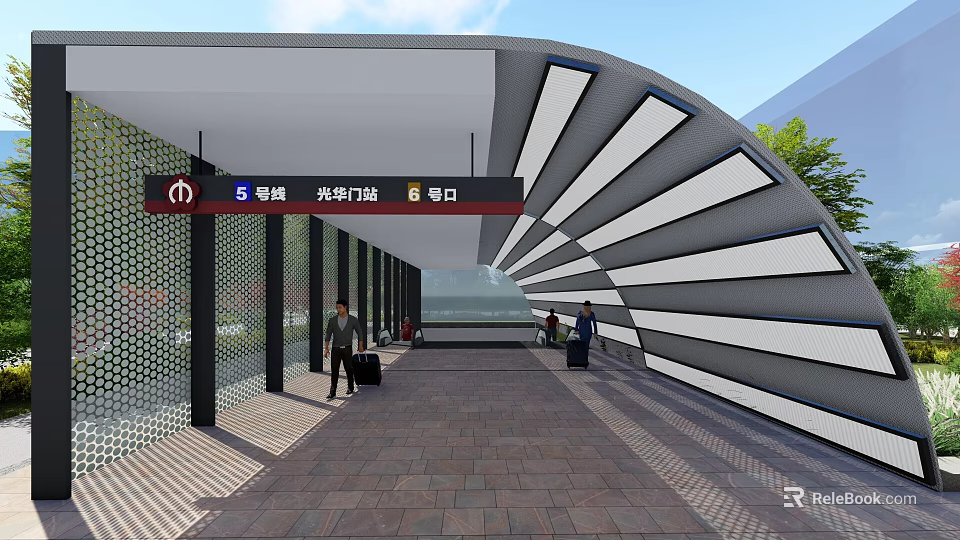 Modern Station Entrance with Curved Canopy Signage and Pedestrians on Brick Pavement 3d model 