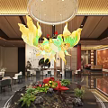 Elegant Modern Restaurant Interior With Wooden Ceiling Chandelier Dining Tables Chairs And Decorative Plants
