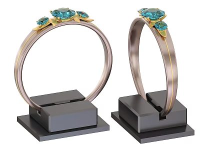 Elegant Jewelry Rings With Blue Gemstones And Gold Details On Black Display Stands 3d model