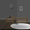 Modern Interior With Gray Shaggy Rug Wooden Low Tables And Wall Decor On Herringbone Floor