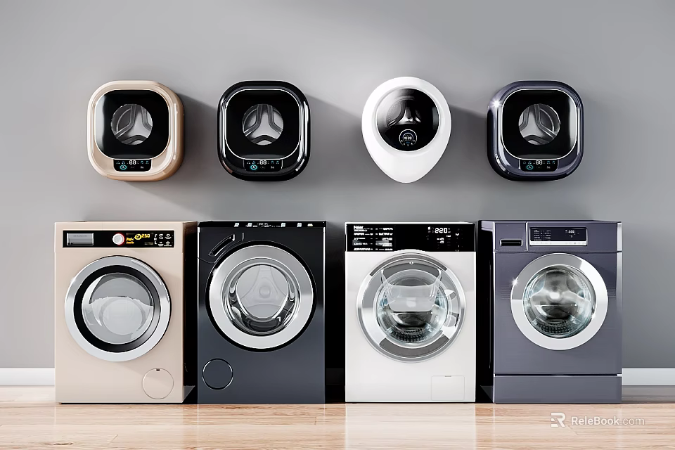 Various Colors Wall Mounted and Freestanding Washing Machines Displayed Against Gray Wall and Wooden Floor 3d model 
