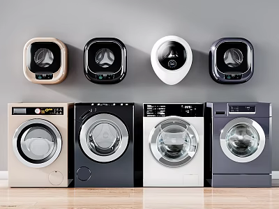 Various Colors Wall Mounted and Freestanding Washing Machines Displayed Against Gray Wall and Wooden Floor 3d model