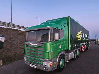 Green Scania Truck With China Post Logo Parked By Highway Roadside 3d model