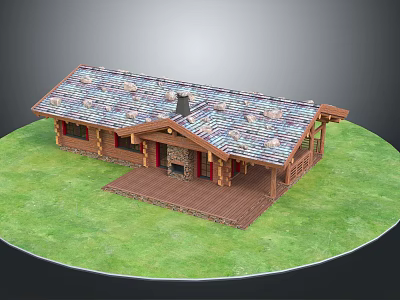 Rustic Wooden House With Sloped Tile Roof Stone Chimney And Front Porch On Green Lawn 3d model