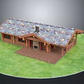 Rustic Wooden House With Sloped Tile Roof Stone Chimney And Front Porch On Green Lawn