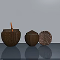 Wicker Storage Containers In Various Shapes And Sizes On Smooth Surface 3d model