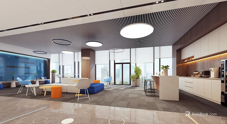 Modern Office Reception Area With Front Desk Sofa Seating Potted Plants And Large Windows 3d model 