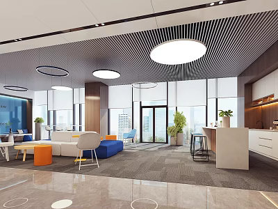 Modern Office Reception Area With Front Desk Sofa Seating Potted Plants And Large Windows 3d model