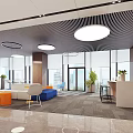 Modern Office Reception Area With Front Desk Sofa Seating Potted Plants And Large Windows
