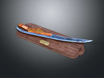 Handcrafted Decorative Knife With Blue Patterned Blade And Wooden Handle On Leather Sheath 3d model