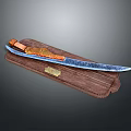 Handcrafted Decorative Knife With Blue Patterned Blade And Wooden Handle On Leather Sheath