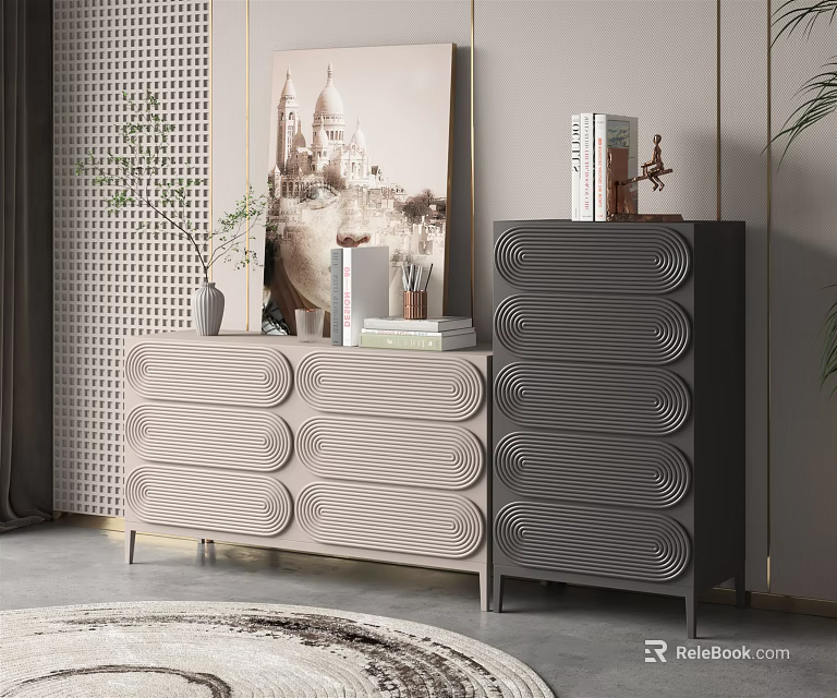 Modern Interior Featuring Light And Dark Dressers With Circular Decorative Patterns And Books 3d model 