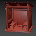 Wooden Shelter With Corrugated Roof Green Benches Red Walls And Stone Base