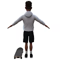 A young man wearing white hoodie black shorts with skateboard on white background