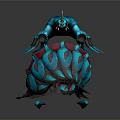 Blue Horned Mythical Animal Standing On Textured Glowing Structure With Small Blue Fragments Around