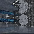 Modern Contemporary Interior Space With Geometric Cube Decor Digital Screens And Lighting Design